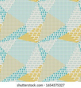 Textured triangle polygon geometric seamless pattern for background, wrap, fabric, textile, wrap, surface, web and print design. Vector retro vibes repeatable motif in blue and yellow.
