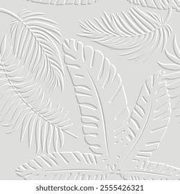 Textured tropical emboss palm fern leaves 3d seamless pattern. Relief modern embossed floral background. Vector white backdrop. Surface leaves, branches. 3d leafy ornaments with embossing effect.