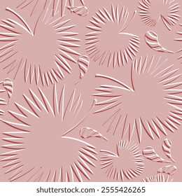 Textured tropical emboss palm leaves abstract 3d seamless pattern. Relief modern embossed floral background. Vector pink backdrop. Surface leaves, branches. 3d leafy ornaments with embossing effect.