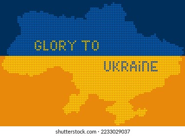Mapa geográfico ucraniano texturizado hecho de textura de punto y texto Gloria a Ucrania con colores de bandera ucraniana