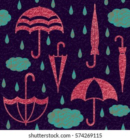 Textured umbrellas with clouds and raindrops vector seamless pattern background 1
