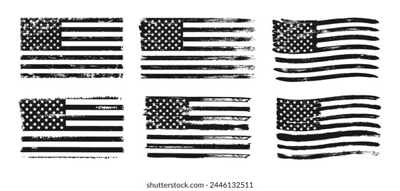 Bandera USA texturizada. Grunge decorativo bandera americana color monocromo. Anuncios de bandera de rayas y estrellas en blanco y negro para camisetas estampadas aisladas sobre fondo blanco. Vector colección. Libertad, gloria