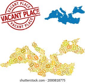 Textured Vacant Place stamp seal, and bank mosaic map of Mediterranean Sea. Red round stamp seal has Vacant Place title inside circle. Map of Mediterranean Sea mosaic is constructed from money,