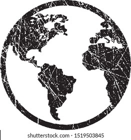 Textured Vector Abstract Globe. World Map in Black Isolated on White Background. Vector Distressed Texture. Blank Shape. Vector Illustration. EPS10.