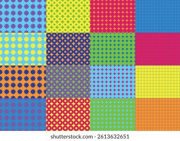 Textured vector backgrounds with simple and fun repeating patterns. Abstract colorful funky backgrounds for cards, posters, covers, banners, or branding.