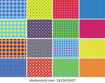 Textured vector backgrounds with simple and fun repeating patterns. Abstract colorful funky backgrounds for cards, posters, covers, banners, or branding.