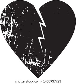 Textured vector broken valentine heart. Decorative design element. Distressed symbol of love and heartbreak. Textured Valentine's Day sign. Vector illustration. Black heart isolated on white. EPS10.