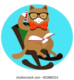 Textured vector illustration with a cat sitting in a rocking chair and holding a book