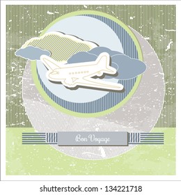 Textured vector illustration of retro plane and clouds relating to travel