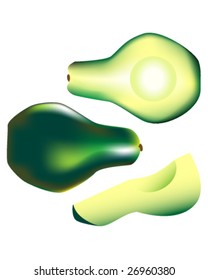 Textured vector illustration of a whole avocado without pit, slice, and wedge