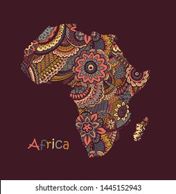 Textured vector map of Africa. Hand drawn ethno pattern, tribal background.