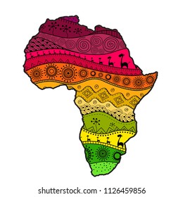 Textured vector map of Africa. Hand-drawn ethno pattern, tribal background. Vector illustration. Abstract colored Background