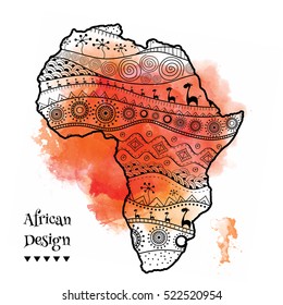 Textured vector map of Africa. Hand-drawn ethno pattern, tribal background. Vector illustration. Abstract Background with Watercolor Stains