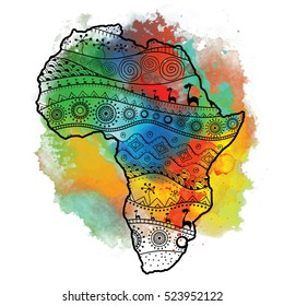 Textured vector map of Africa. Hand-drawn ethno pattern, tribal background. Vector illustration. Abstract Background with Watercolor Stains