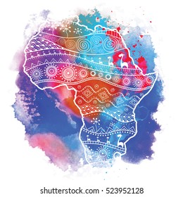 Textured vector map of Africa. Hand-drawn ethno pattern, tribal background. Vector illustration. Abstract Background with Watercolor Stains