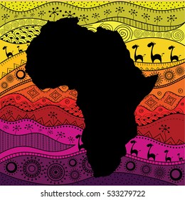 Textured vector map of Africa. Hand-drawn ethno pattern, tribal background. Vector illustration. Abstract colored Background