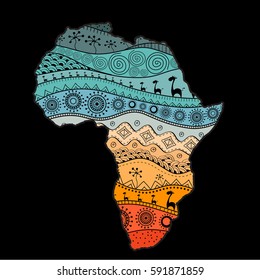 Textured vector map of Africa. Hand-drawn ethno pattern, tribal background. Vector illustration. Abstract colored Background