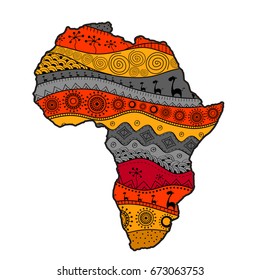 Textured vector map of Africa. Hand-drawn ethno pattern, tribal background. Vector illustration. Abstract colored Background