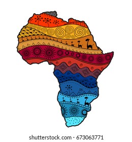 Textured vector map of Africa. Hand-drawn ethno pattern, tribal background. Vector illustration. Abstract colored Background