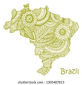 Textured vector map of Brazil. Hand drawn ethno pattern, tribal background. Vector illustration.