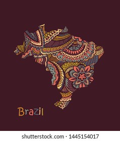 Textured vector map of Brazil. Hand drawn ethno pattern, tribal background.