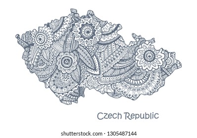 Textured vector map of Czech Republic. Hand drawn ethno pattern, tribal background. Vector illustration.