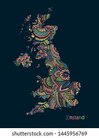 Textured vector Map Of England. Illustration in hand drawing doodle style