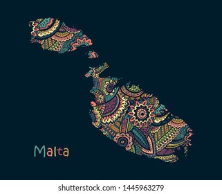 Textured vector map of Malta. Hand drawn ethno pattern, tribal background.