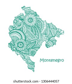 Textured vector map of Montenegro. Hand drawn ethno pattern, tribal background. Vector illustration.