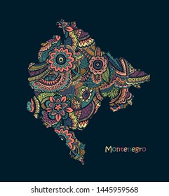 Textured vector map of Montenegro. Hand drawn ethno pattern. Vector illustration.