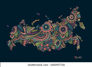 Textured vector map of Russia. Hand drawn ethno pattern. Vector illustration.