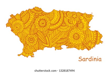 Textured vector map of Sardinia. Hand drawn ethno pattern, tribal background. Vector illustration.
