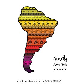 Textured vector map of South America. Hand-drawn ethno pattern, tribal background. Vector illustration