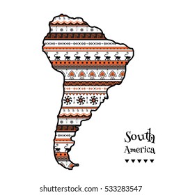 Textured vector map of South America. Hand-drawn ethno pattern, tribal background. Vector illustration