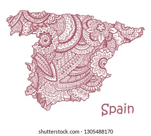 Textured vector map of Spain. Hand drawn ethno pattern, tribal background. Vector illustration.