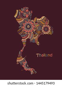 Textured vector map of Thailand. Hand drawn ethno pattern, tribal background.