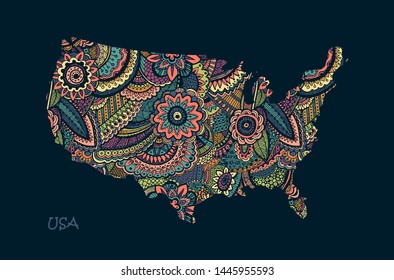 Textured vector Map Of USA. Illustration in hand drawing doodle style