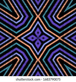 Textured vector seamless pattern. Colorful striped background. Tapestry abstract shapes, frames, stripes, zigzag lines. Embroidery geometric ethnic tribal style ornament. Embroidered grunge texture.