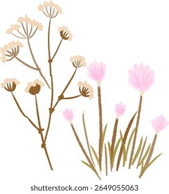 A textured vector of wildflowers and dried plants in hand-drawn style. Soft pastel pinks and earthy browns. Perfect for botanical design, wedding stationery, seasonal decor, and minimal nature art