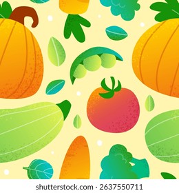 Textured vegetables harvest pattern. Seamless vector print with cartoon veggies.