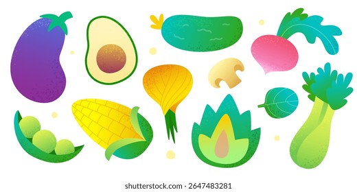 Textured vegetables set. Cartoon harvest vector bundle. Vegetables clipart collection.