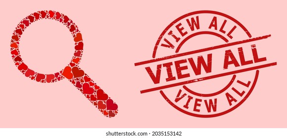 Textured View All stamp seal, and red love heart pattern for search. Red round stamp seal contains View All title inside circle. Search mosaic is constructed from red wedding items.