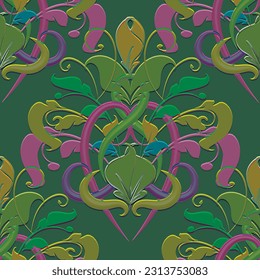 Textured vintage emboss 3d Damask seamless pattern. Floral embossed colorful background. Grunge ornate backdrop. Line art flowers, leaves. Hand drawn surface relief 3d ornaments. Endless texture.