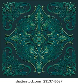 Textured vintage emboss 3d lines Damask seamless pattern. Floral embossed green background. Grunge ornate backdrop. Line art flowers, leaves, frames. Hand drawn surface relief 3d paisley ornaments.