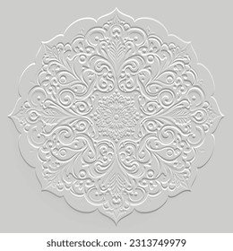 Textured vintage emboss 3d lines round Damask mandala pattern. Floral embossed ethnic white background. Grunge modern backdrop. Line art flowers, leaves. Hand drawn surface relief 3d paisley ornaments