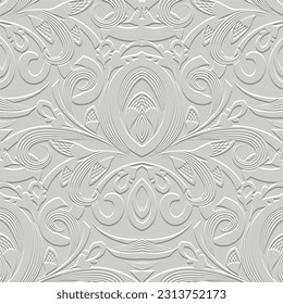 Borde vintage texturizado líneas 3d Patrón transparente blanco Damask. Orígenes florales en relieve étnico. Borde fondo ornamentado. Flores de arte en línea, hojas. Ornamentos de relieve de superficie dibujados a mano 3d paisley.