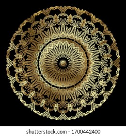 Textured vintage gold mandala pattern. Ornamental tapestry floral background. Baroque embroidery round ornaments. Embroidered golden flowers, leaves. Grunge texture. Ornate luxury lacy design. Vector.