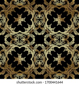 Textured vintage gold seamless pattern. Ornamental tapestry floral background. Baroque Damask embroidery ornaments. Embroidered flowers, leaves. Stitching zigzag lines. Grunge texture. Ornate design.