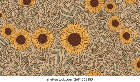 Um padrão vintage texturizado com aglomerados repetitivos de girassóis e intrincados elementos orgânicos giratórios.