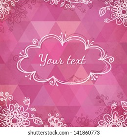 Textured vintage pink vector triangles greeting card with flowers